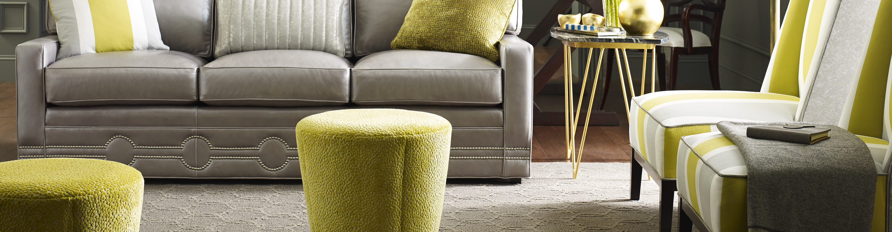 area rug in a living room with lime green accents