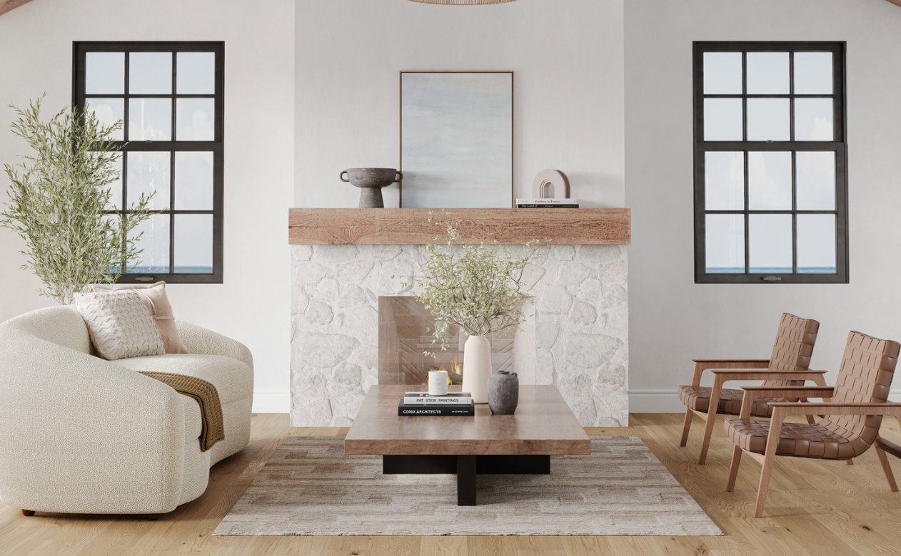 Neutral area rug in a living room with wood-look floors